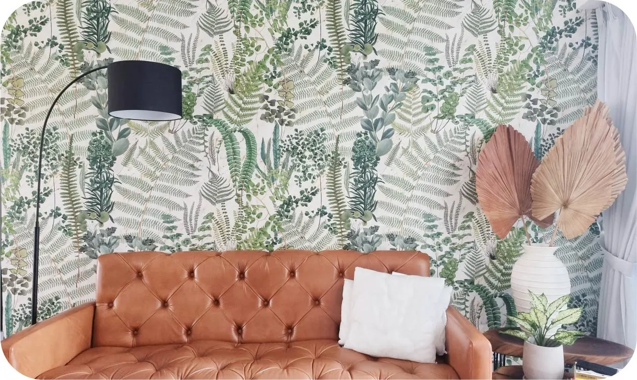 Beautiful Living Room Transformation with Leaf Background